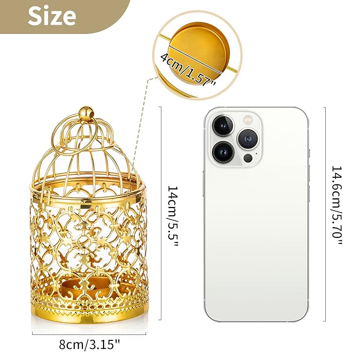 2 Pcs Small Metal Tealight Hanging Birdcage Lantern, Vintage Decorative Centerpieces of Wedding, Party, Gold