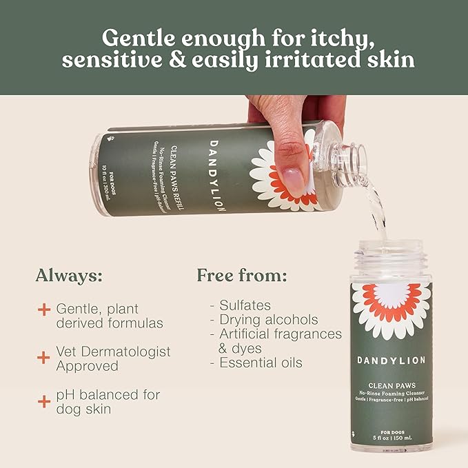 Dandylion Clean Paws No-Rinse Foaming Cleanser Refill – Gentle, Fragrance-Free, pH-Balanced for Dogs, 10 fl oz