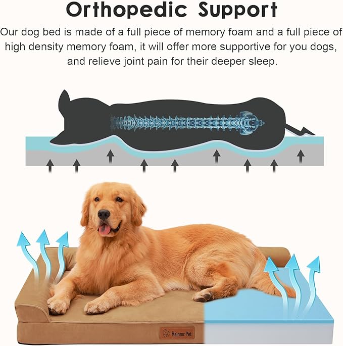Chew Proof Dog Bed, 3" Memory Foam Dog Bed for Medium and Large Dogs, Removable and Washable Microsuede Cover, Waterproof Liner, Nonskid Bottom, 44x32 Inches XXL Khaki