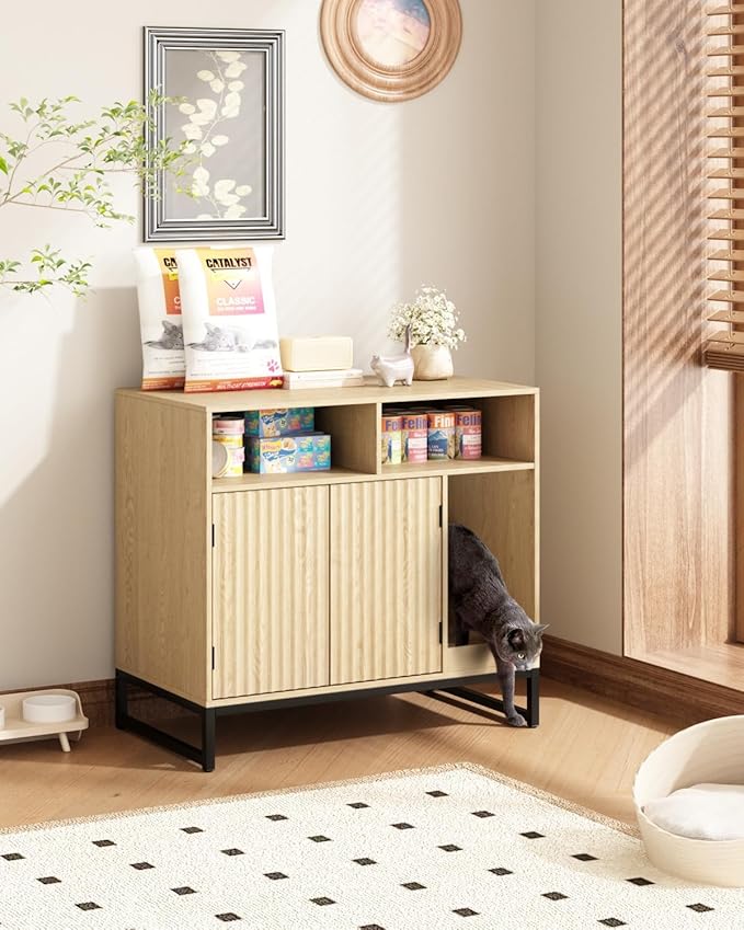 Cat Litter Box Enclosure, Large Hidden Pet Storage Cabinet Furniture with Waveform Fluted Doors & Scratching Pad, Modern Wooden Cat House Indoor for Washroom, Living Room, Bedroom, Natural