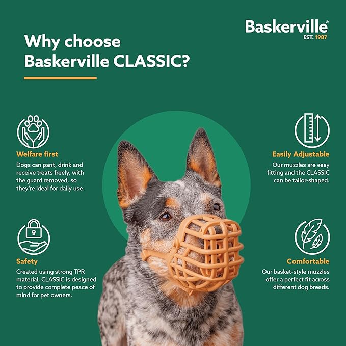 Baskerville Classic Basket Muzzle - Dog can Pant and Drink, Prevents Biting and Food Waste Scavenging, Strong TPR, Ideal for Longer Nosed Dogs, Breathable Dog Training Muzzle for Small Dogs (Size 1)