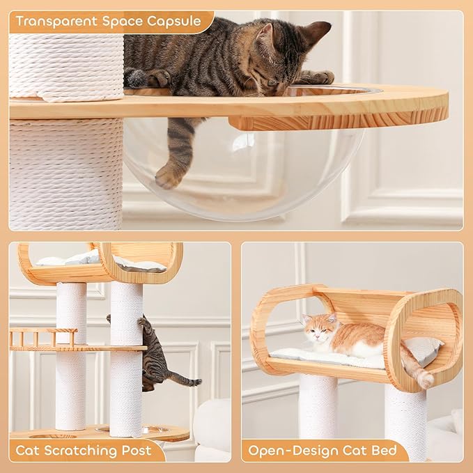 63.6'' Modern Cat Tree Indoor, Solid Wood Cat Tree with Scratching Post for Multi-Cat Families, Tall Cat Tower with Auxiliary Stairs, Huge Condo for Large Cats