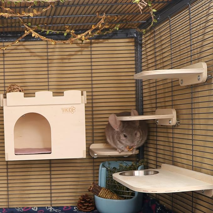 Chinchilla Wooden Platform Set, Chinchilla Cage Platform with Feeding Bowl, Small Animals Cage Accessories for Squirrel Gerbil Suger Glider Hamsters (3Pcs of Small Platform)