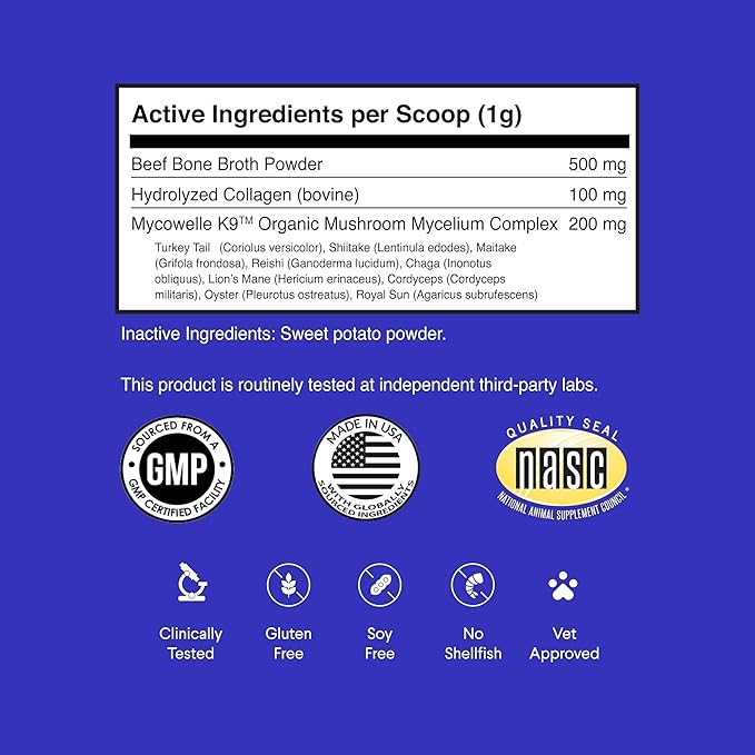 Bone Broth for Dogs – Bone Broth Powder with Organic Mushrooms & Collagen for Digestion, Immunity & Joint Support – Tasty Beef Supplement for Dogs of All Ages, Sizes & Breeds – 3.20 oz