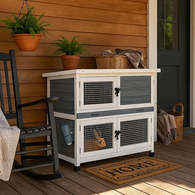 2 Story Solid Wood Rabbit/Bunny Hutch with 2 Large Main Rooms, Indoor Outdoor Rabbit House Guinea Pig Cage Pet House for Small Animals with Ventilation Door Removable Tray Waterproof Roof (Grey)