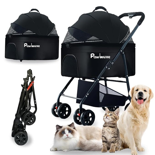 4 Wheels Pet Stroller 4 in 1 Pet Stroller with Detachable Carrier for Small & Medium Dogs Cats up to 55 lbs Easy-Folding Travel Dog Wagon with Car Seat Breathable Mesh,Black
