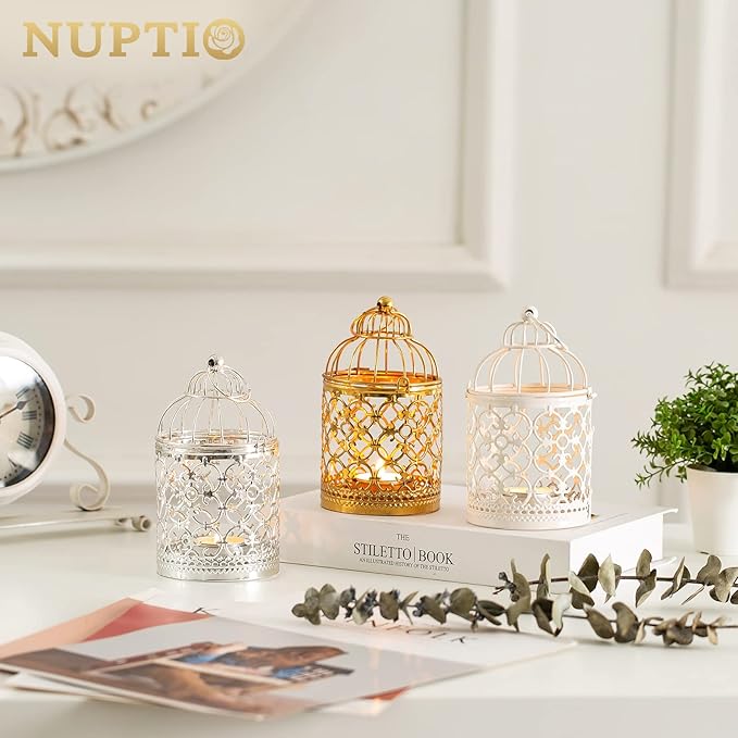 2 Pcs Small Metal Tealight Hanging Birdcage Lantern, Vintage Decorative Centerpieces of Wedding, Party, Gold