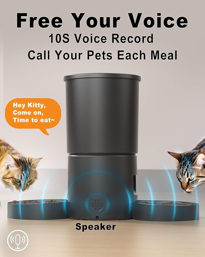 Dual Automatic Cat Feeder 2 Cats,6 Meals/Day,12 Portions/Meal,4.2L Dual Power Double Bowls Feeder,Dry Food Auto Pet Dispenser,10S Voice Record,Flexible Schedule Timer (Black,Basic Dual Bowls)