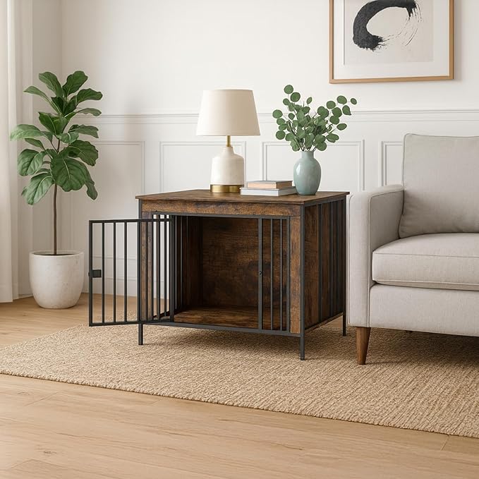 Dog Crate Furniture 40" Sturdy Heavy Duty Dog Kennel Solid Metal Tube Thick Wooden with 3 Lockable Doors Single Dog Cage Large Breed as TV Stand End Table for Large Dog Rustic Brown