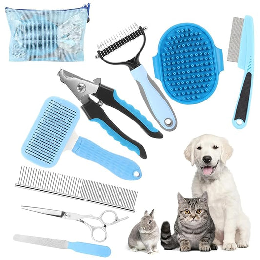 Cat Grooming Brush, 9PCS Dog Brush Kit with Pet Nail Clipper and File, Deshedding Brush for Cats, Cats Dog Shedding Brushs for Small Large Pets, Includes Flea Comb, Bath Brushs,Undercoat Rake (Blue)