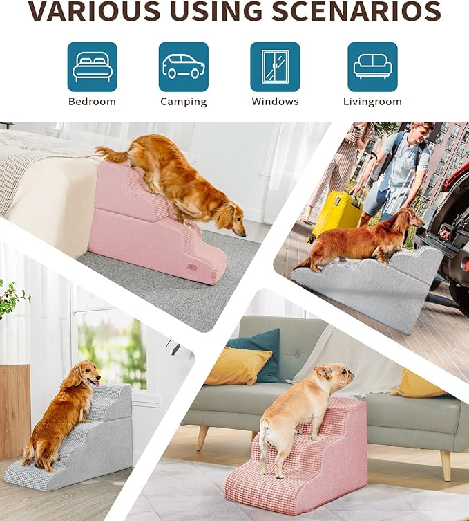 Dog Step for Bed, Dog Stair 4-Step 35D Pet Stair 19.7" H for High Bed or Sofa Non-Slip Balanced Pet Step Indoor, Pink