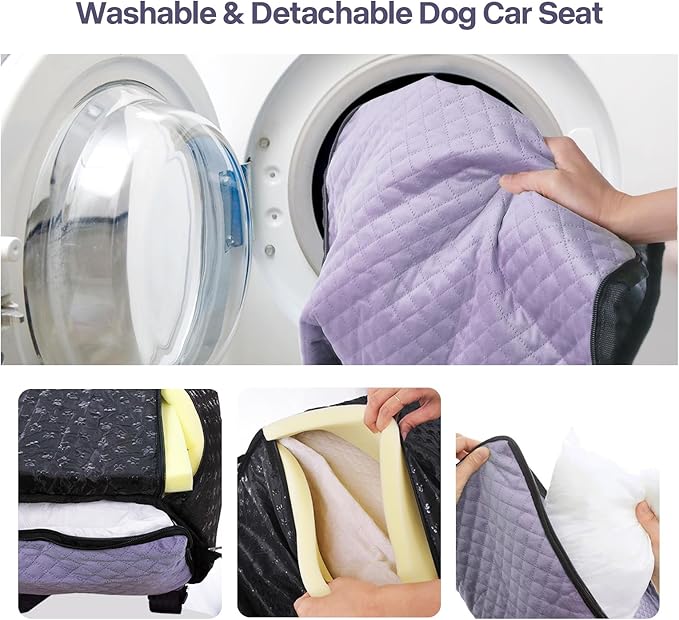 Dog Car Seat for Small Medium Dogs Up to 40lbs, Detachable Washable Soft Pet Booster Travel Bed for Front & Purple Seat with Safety Leash Belt