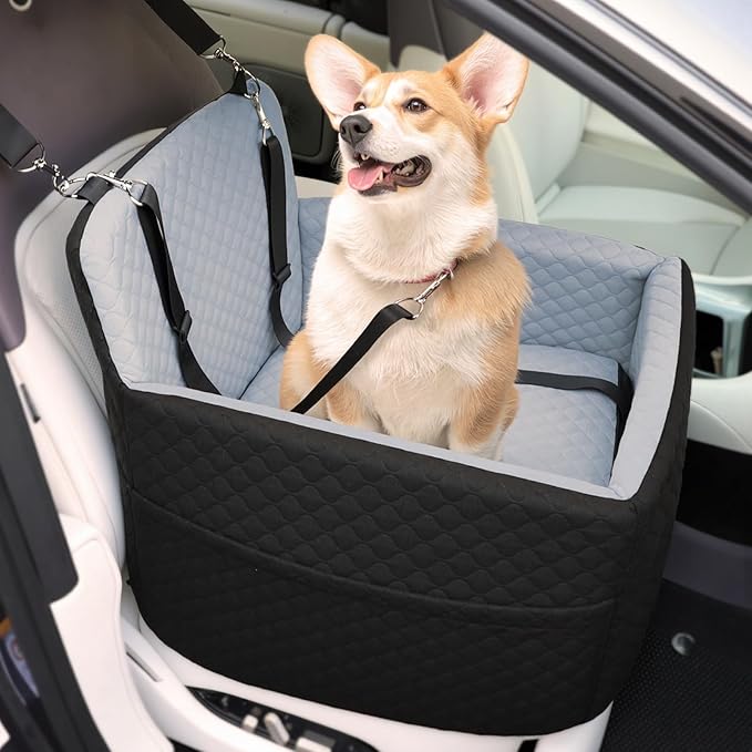 Dog Car Seat for Small & Medium Dogs Under 35lbs, Detachable & Washable Pet Car Seat, Interior Height 6 Inches Pet Travel Bed with Storage Pockets and 2 Dog Safety Belts (Black/Gray)