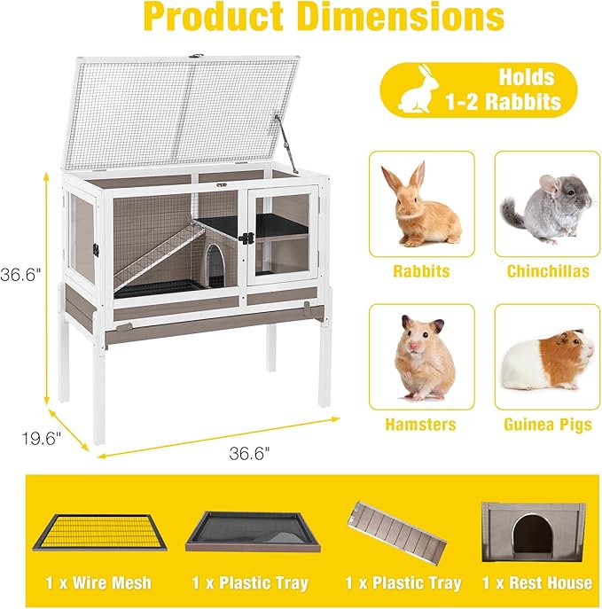 Aivituvin 2-Story Rabbit Hutch with Anti-Chew Ramp & Zinc Sheet - 36.6" Indoor Guinea Pig Cage, Wooden Stand, Pull-Out Tray & Leakproof Floor (Brown)