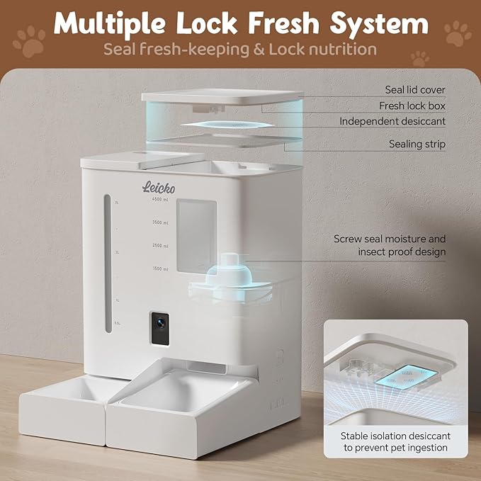 Automatic Cat Feeder with Camera,5G/2.4G WiFi Pet Feeder,2K HD Video and Night Vision,Easy APP Operation,Low Food and Food Clogging APP Tips,Water and Grain Large Capacity Feeder