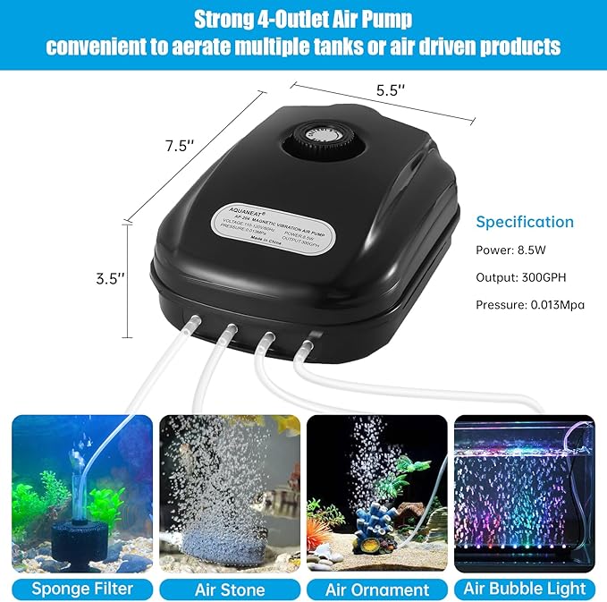 AQUANEAT Aquarium Air Pump 300GPH, for up to 200 Gallon Fish Tank, Powerful Hydroponic Aerator Pump with Tubing, Air Stones, Valves