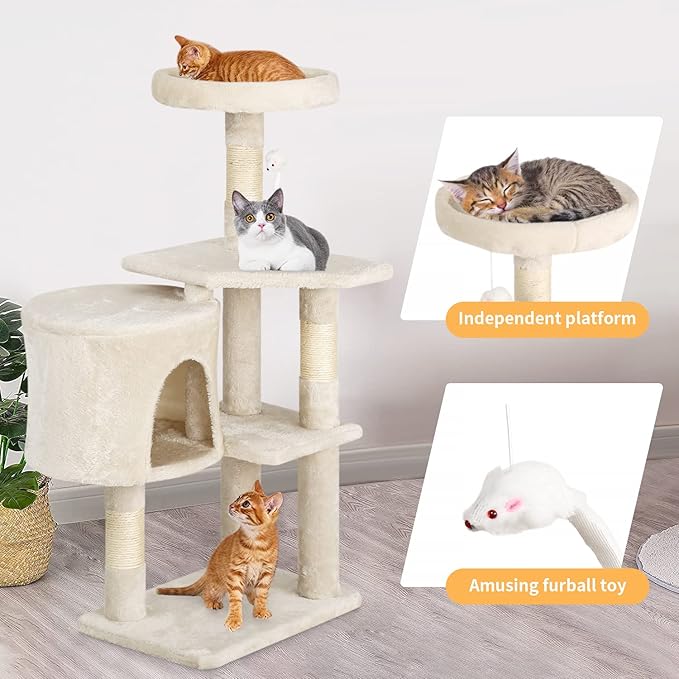 BestPet Cat Tree 36 inch Tall Scratching Toy Activity Centre Cat Tower Cat Condo Multi-Level Furniture Scratching Posts for Indoor Cats,Beige