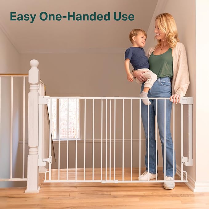 Cumbor 31.6-48" No Bottom Bar Baby Gate for Stairs, 2-in-1 Auto Close Dog Gate Indoor, Hardware Mounted Pet Gate for Doorways with Large Walk Thru Door, Child-Proof Safety Gate for Kids (White)