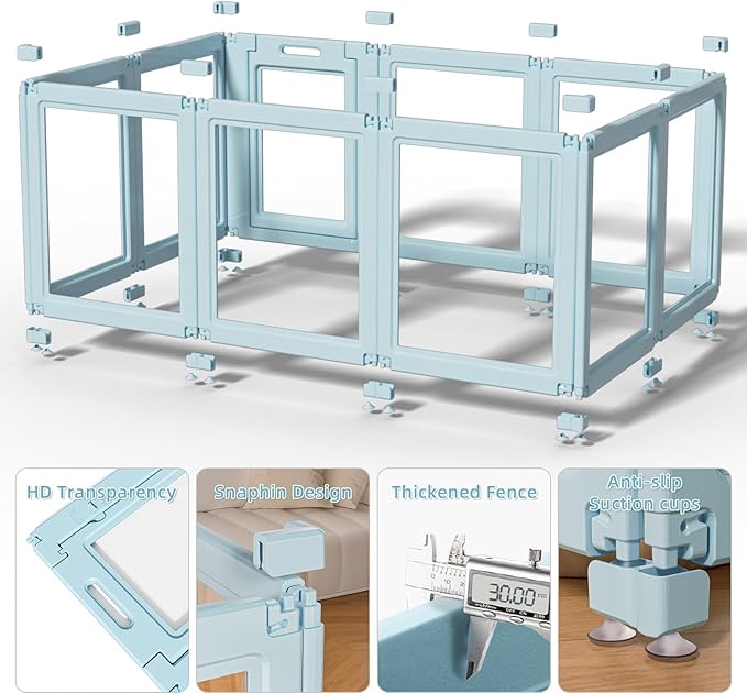 DIY Clear Acrylic Dog Playpen House,Quick Easy Assembly and Disassembly,Strong Floor Suction,Indoor and Outdoor Use,Easy Cleansing Puppy Fence (Sky Blue, 30.3" H, 10PCS)