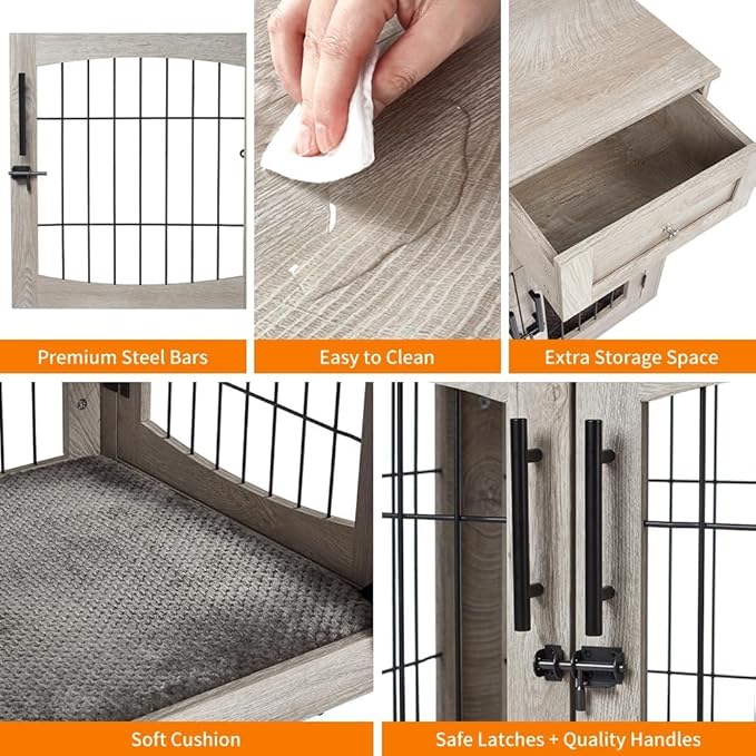 Dog Crate Furniture for Medium Dogs, Wooden Dog Kennel Indoor with Double Doors, Dog Cage with Cushion & Drawers, Dog House Side End Table for Small Medium Dogs up to 45 lb, 31.5” L, Grey