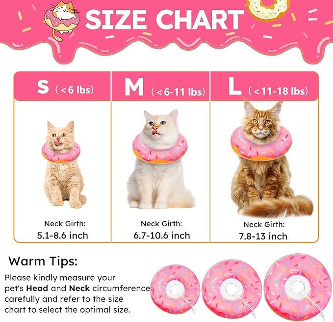 Cat Cone Collar Soft, Cat Recovery Collar for Wound Healing Cute Donut Adjustable Kitten Cones to Stop Licking Comfortable Lightweight Neck Elizabethan Collars for Cats Kittens After Surgery