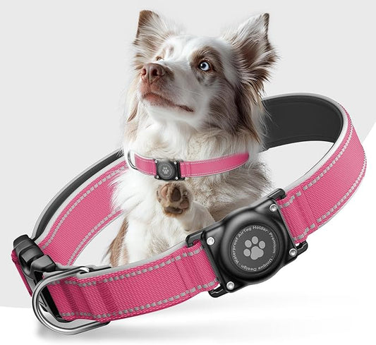 Airtag Dog Collar - 100% Waterproof Air tag Dog Collar Holder for Apple AirTag, Reflective, Soft Padded, Everlasting, GPS Dog Collar for Small Medium Large Dogs (Hot Pink, M)