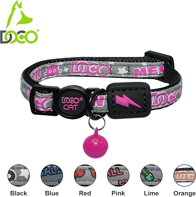 DOCO Cat Collar (Neck Girth - 3/8" x 7.5-12", Weight Upto - 13lb) Reflective Cat Collar with Bell, Breakaway Safety Buckle, Adjustable Nylon Strap for Kittens & Adult Cats (Lime)