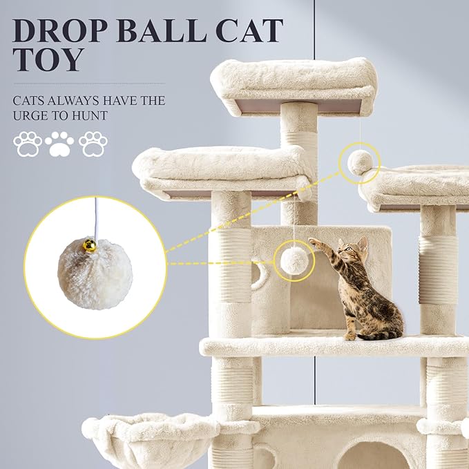 Allewie 68 Inches Cat Tree/House and Towers for Big Feline/Scratching Post/Multi-Level Large Kitty Climbing Tree with Condo/Beige