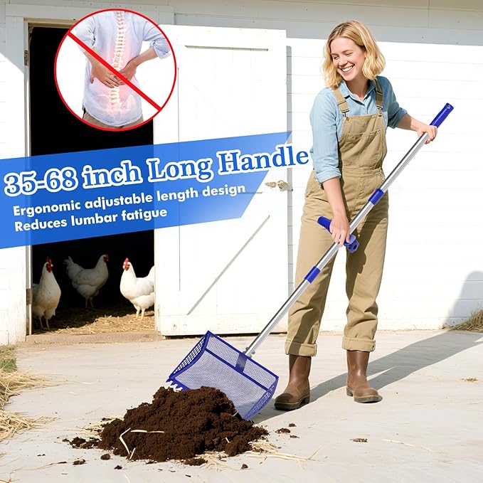 12 Inch Chicken Poop Scooper & Rake 2-in-1, Large Metal Shovel Head, Rubber Handle Stainless Steel Chicken Litter Scoop for Chicken Coops, Litter Screening Scoop (35 to 65in) US Patent Pending (Blue)