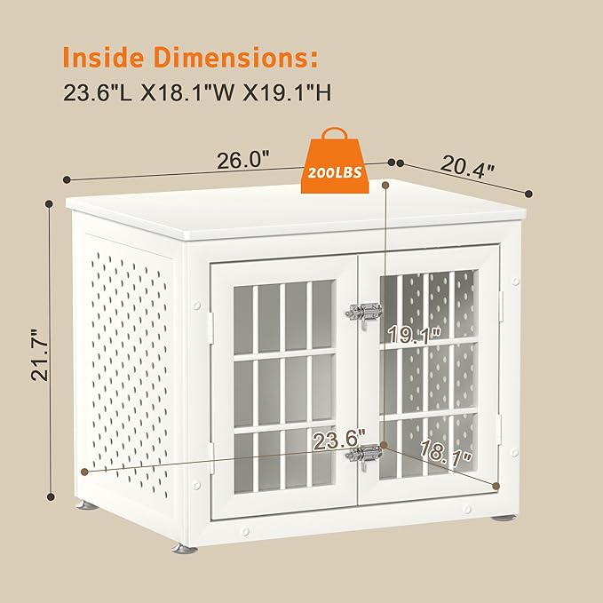 26" Heavy Duty Dog Crate Furniture for Small Dogs, Metal Kennel for High Anxiety Dogs, Chew Proof Pet Cage Indoor, Decorative Dog Kennel End Table, White