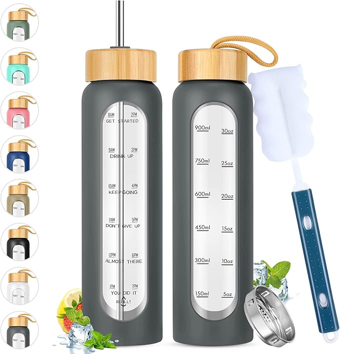 32 oz Glass Water Bottle with Straw - Motivational Time Marker & Silicone Sleeve - Reusable Tumbler Includes 2 Bamboo Lids & Fruit Infuser - 1 Pack