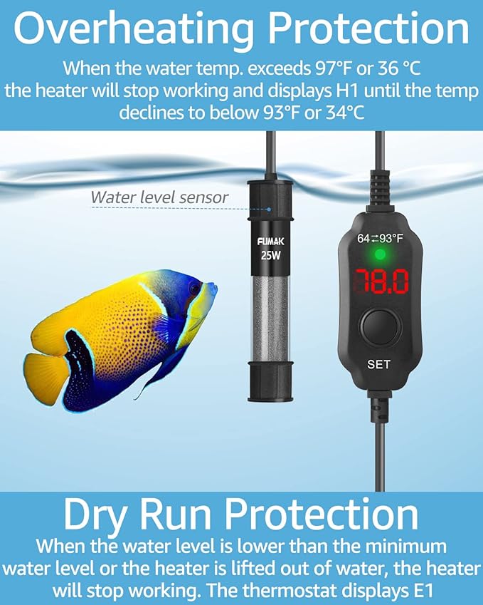 25W Adjustable Aquarium Heater Super Short Submersible Fish Tank Heater Fish Heater with LED Digital Display Thermostat, for Tanks 3-5 Gallons