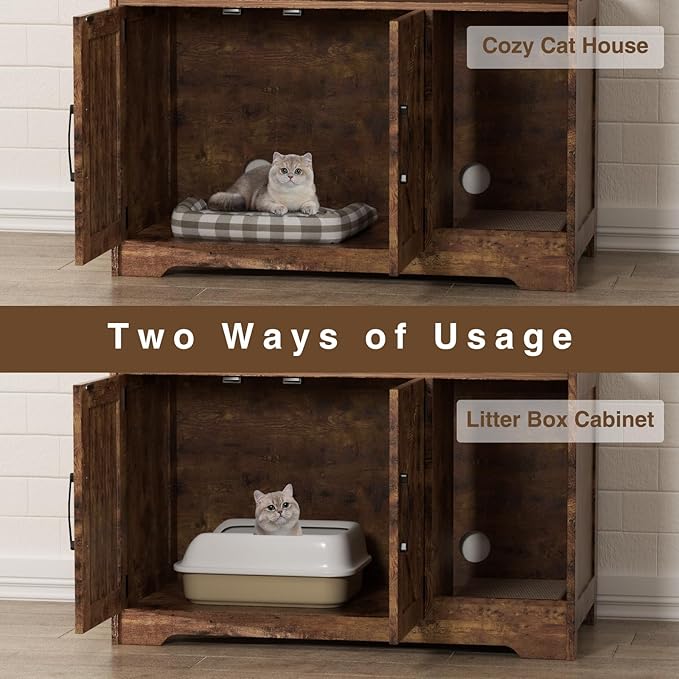 Cat Litter Box Enclosure, Hidden Litter Box Furniture with Scratch Pad, Farmhouse Indoor Cat House Washroom End Table, Rustic Brown