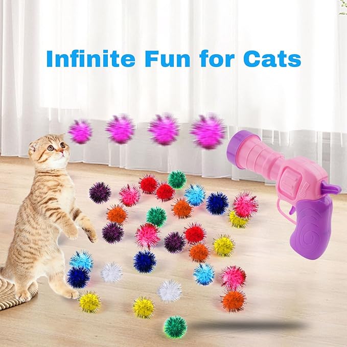 Dorhui Cat Toy Balls with Launchers Set, 30 Pcs Sparkle Pom Ball for Cat,Cat Enrichment Toys,cat Toys for Indoor Cats, Interactive Glitter Pom Ball for Kitty Gifts