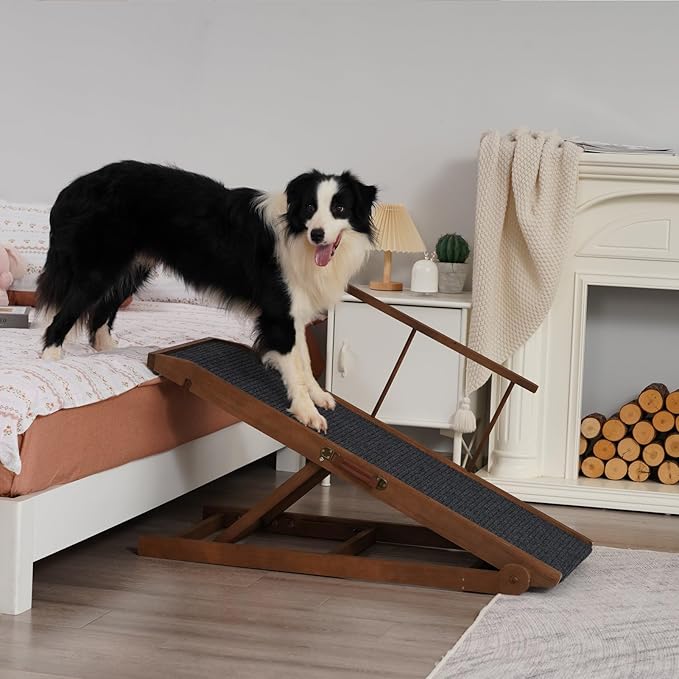 Dog Ramp for Bed Couch - Pet Steps Stairs to Get on Bed Couch 15.7"-23.6" High for Small or Large Dog Up to 200 lbs, Adjustable Wooden Dog Ramp Steps Foldable Portable, Anti-Slip Carpet (Brown)