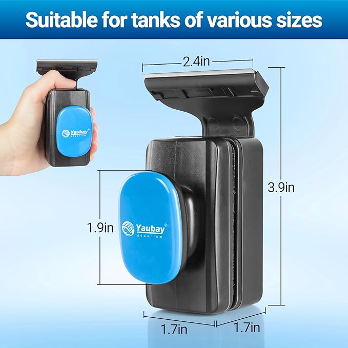 Aquarium Magnet Glass Cleaner, Magnetic Fish Tank Cleaner with Algae Scraper, Double Sided Cleaning Scrubber Brush with Handle, Titanium Blade, Self-Floating, Fit Max 1/4" Thick Glass, Medium