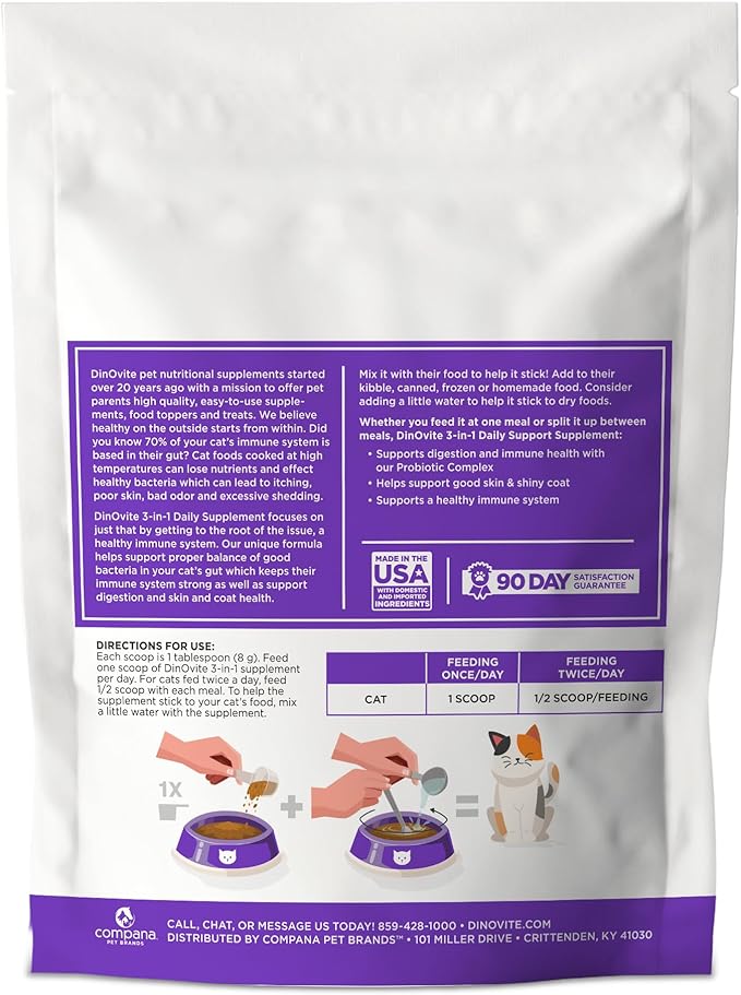 Dinovite for Cats Supplement - Immune + Digestive, Skin + Coat Support, Vitamins, Minerals, Omega 3, Enzymes, Probiotics. Reduces Shedding, Dry Skin, Itching, Stinking, Bald Spots, Seasonal Issues