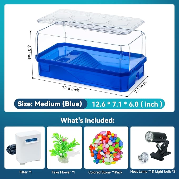 Aquatic Turtle Tank Habitat Kit Stone+Filter+Heat Lamp Enhancing Interaction with 360° Viewing, Standalone Filtration, DIY Creative Zone, Enriched Living (Blue, Medium[with Light])