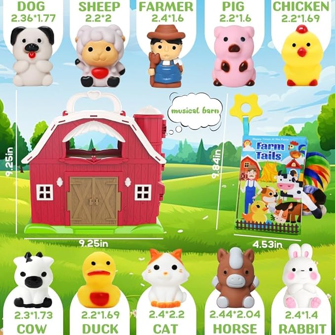 Big Musical Red Barn Toy Farm Animal Finger Puppets for 1 2 3 4 5 Years Old, Animal Figures Playset with Farm Tails Baby Book, Sensory Learning Toys Gift for Toddlers Boys Girls