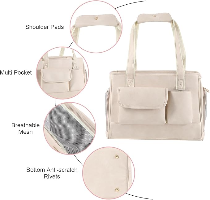 Dog Carrier Purse, Fashion Leather Pet Carrier Bag, Airline Approved Soft Sided Cat Travel Tote Bag with Pockets White