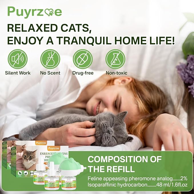 Cat Calming Diffuser with Three Timing Functions, 6-in-1 Cat Pheromones Calming Diffuser Kit, 120-Day Anxiety Relief, Stress Reduction & Relaxation for All Cats (2 Diffusers + 4 Refills)