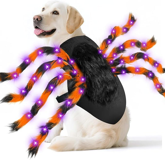Camlinbo 24 LED Spider Dog Halloween Costume for Small Medium Large Dogs, Furry Spider with LED Lights Puppy Pet Costume Outfits Clothes Funny Halloween Costume Party Cosplay