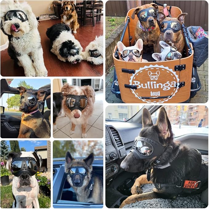 Dog Goggles Windproof for Medium-Large Breeds Dog Sunglasses Anti-UV with Adjustable Straps - Black