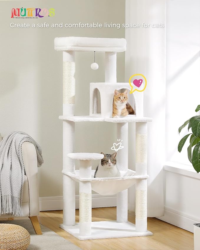 Cat Tree for Large Cats with Metal Plush Big Hammock, 56.3" Cat Tower for Indoor Cats with 2 Door Condo House, 6-Tier Cat Shelves with Scratching Posts and Large Top Perch, Cream White