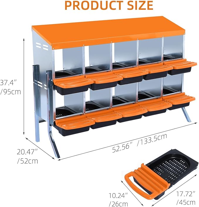 Chicken Nesting Boxes, 10 Hole Metal Chicken Laying Box with with Removable Trays and Roll Out Egg Collection for Chicken Coop, with Metal Bracket, Orange