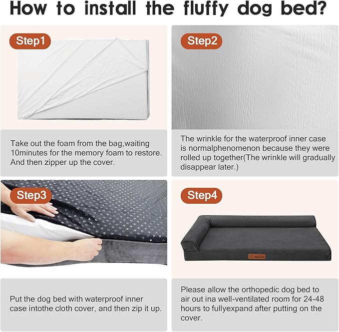 Chew Proof Dog Bed, 3" Memory Foam Dog Bed for Medium and Large Dogs, Removable and Washable Microsuede Cover, Waterproof Liner, Nonskid Bottom, 36x27 Inches L Dark Grey