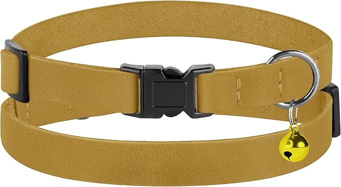 Breakaway Cat Collar Leather with Removable Bell - 13 Colors Available - Soft Adjustable Girl Boy Safety Lightweight Pet Kitten Collars Pink Brown Blue Green Red Orange Black (Mustard)