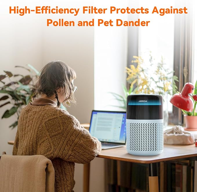 AIRROMI Air Purifier for Bedroom Home,HEPA Filter,Covers Upto 549 Ft²,Quiet 360°intake Air Cleaner with Fragrance ponge for Better Sleep,Night Light,Filters Smoke,Pet Dander,Allergies,Dust,A2005 Blue