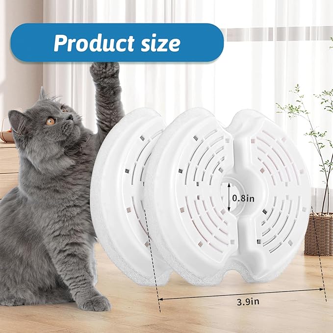 Cat Water Fountain Filters for 84oz/2.5L Stainless Steel Pet Fountain and 67oz/2.0L Plastic Cat Drinking Fountain, 4 Pack Pet Replacement Filters with 4 Pre-Filter Sponges