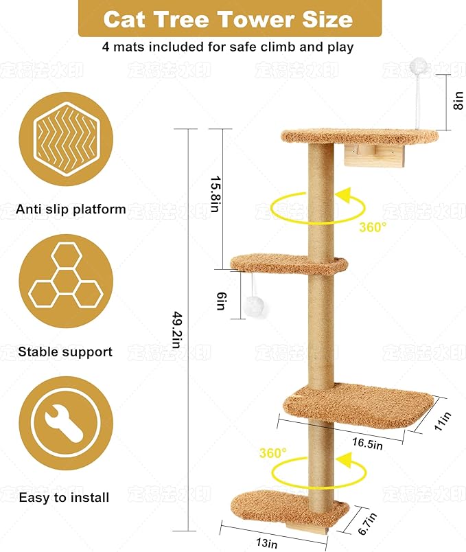 Brown Wall Mounted Cat Wall Climber & Tree for Kittens, 4 Platform Cat Shelves with Brown Plush Cushions, Floating Furniture for Climbing, Lounging, Scratching – 49” Tall